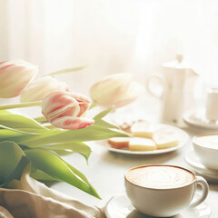 Coffee in a cup and tulips on the table, light and airy, generative ai