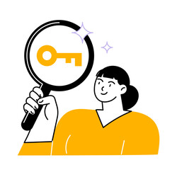 Woman looking for solution, magnifying glass in her hand she looks at key