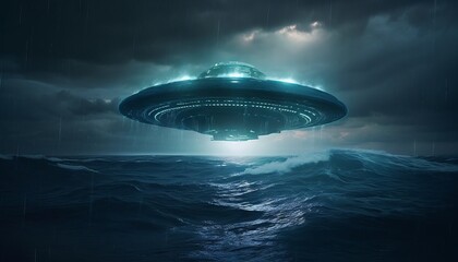 Naklejka na ściany i meble image of an illuminated UFO spaceship hovering over a stormy ocean. Generative ai