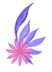 Pink flower with purple twig. Watercolor painting