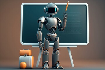 A robot stands in front of a blackboard with a chalkboard that says robot.