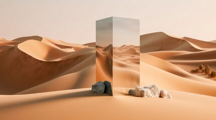 Obraz na płótnie Canvas Desert landscape with pedestal showcase ,sand and sky.Use for product presentation and banner.Generative AI