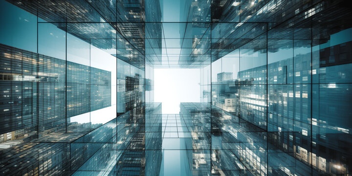 Multiple exposure of office buildings, exteriors and architecture reflecting the fast-paced business atmosphere in an ever-evolving and changing business world. Generative AI 