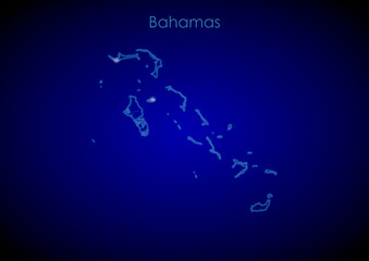 Bahamas concept map with glowing cities and network covering the country, map of Bahamas suitable for technology or innovation or internet concepts.