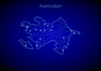 Fototapeta na wymiar Azerbaijan concept map with glowing cities and network covering the country, map of Azerbaijan suitable for technology or innovation or internet concepts.