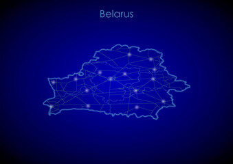 Belarus concept map with glowing cities and network covering the country, map of Belarus suitable for technology or innovation or internet concepts.