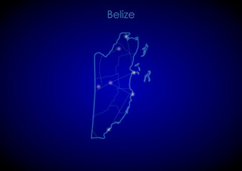 Belize concept map with glowing cities and network covering the country, map of Belize suitable for technology or innovation or internet concepts.