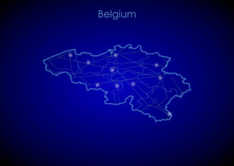 Belgium concept map with glowing cities and network covering the country, map of Belgium suitable for technology or innovation or internet concepts.