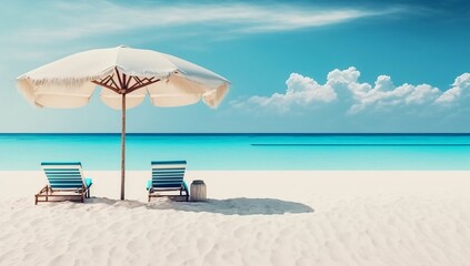 Obraz premium Chairs and umbrella adorn the picturesque beach scenery