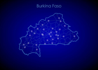 Burkina Faso concept map with glowing cities and network covering the country, map of Burkina Faso suitable for technology or innovation or internet concepts.