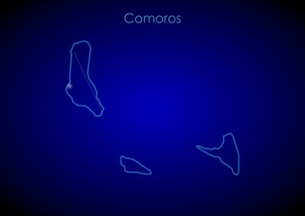 Comoros concept map with glowing cities and network covering the country, map of Comoros suitable for technology or innovation or internet concepts.