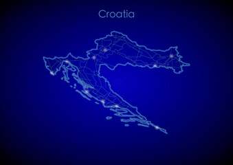 Croatia concept map with glowing cities and network covering the country, map of Croatia suitable for technology or innovation or internet concepts.