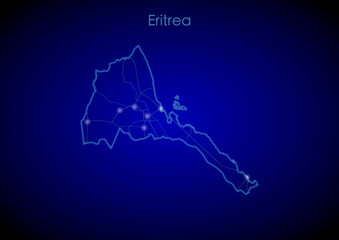 Eritrea concept map with glowing cities and network covering the country, map of Eritrea suitable for technology or innovation or internet concepts.