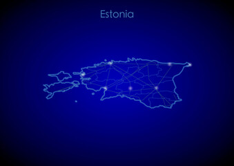 Estonia concept map with glowing cities and network covering the country, map of Estonia suitable for technology or innovation or internet concepts.