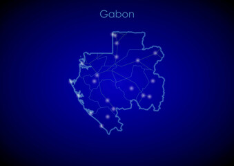 Gabon concept map with glowing cities and network covering the country, map of Gabon suitable for technology or innovation or internet concepts.