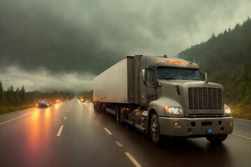 A truck is driving on the road. Dark dramatic landscape with forest as background, gloomy sky, rainy clouds. Generative AI.