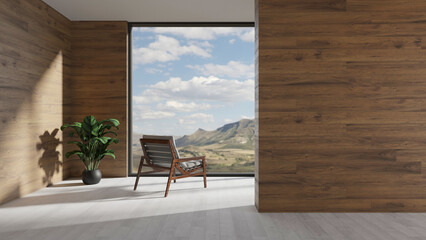 Modern loft terrace with armchair and mountain view. White wooden floor, wooden wall for copy space