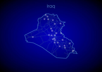 Iraq concept map with glowing cities and network covering the country, map of Iraq suitable for technology or innovation or internet concepts.