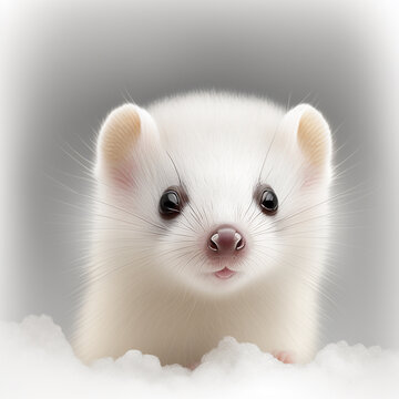 白オコジョ（かわいい, ふわふわ）｜White mustela erminea, cute, front view, White background