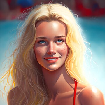 A Beautiful Blonde Young Woman Who Is A Lifeguard In Her 20s With Long Blonde Wavy Hair Freckled Sun Kissed Skin Brown Eyes Full Lips And Friendly Smile Shes Standing Working As A Lifeguard At The 