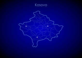 Kosovo concept map with glowing cities and network covering the country, map of Kosovo suitable for technology or innovation or internet concepts.