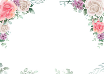 Rose white and pink Watercolor floral frame. Luxurious floral elements, botanical background or wallpaper design, prints and invitations, and postcards.