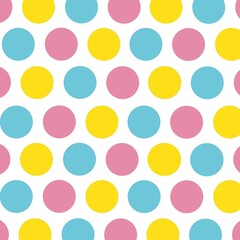 Yellow blue and pink polka dots on white background 