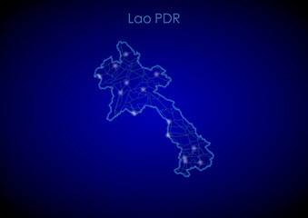 Lao PDR concept map with glowing cities and network covering the country, map of Lao PDR suitable for technology or innovation or internet concepts.