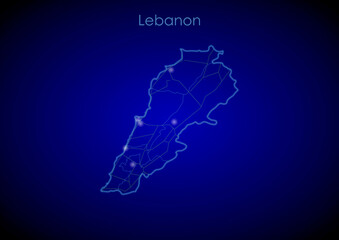 Lebanon concept map with glowing cities and network covering the country, map of Lebanon suitable for technology or innovation or internet concepts.