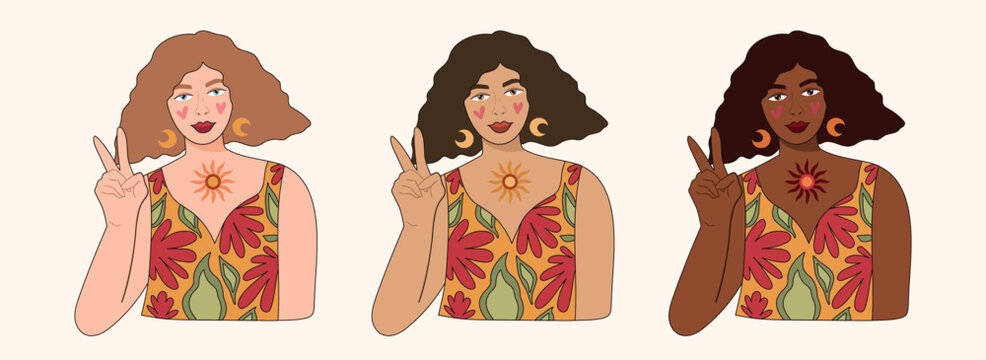 Groovy hippie girls portraits isolated cliparts, 70s retro women face different skin color options, nostalgia and positive vibes, vector set