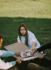 Three friends fighting about the pizza slice