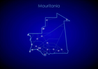 Mauritania concept map with glowing cities and network covering the country, map of Mauritania suitable for technology or innovation or internet concepts.