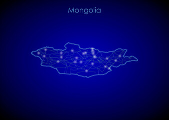 Mongolia concept map with glowing cities and network covering the country, map of Mongolia suitable for technology or innovation or internet concepts.