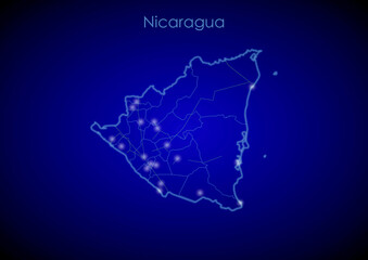 Obraz premium Nicaragua concept map with glowing cities and network covering the country, map of Nicaragua suitable for technology or innovation or internet concepts.