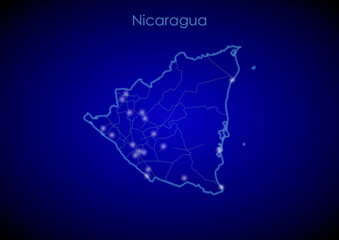 Nicaragua concept map with glowing cities and network covering the country, map of Nicaragua suitable for technology or innovation or internet concepts.