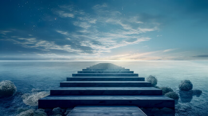 Ocean landscape with pedestal showcase ,sea and sky.Use for product presentation and banner.Generative AI