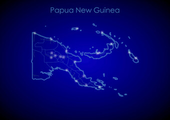 Papua New Guinea concept map with glowing cities and network covering the country, map of Papua New Guinea suitable for technology or innovation or internet concepts.