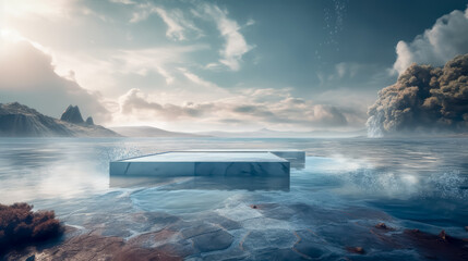 Ocean landscape with pedestal showcase ,sea and sky.Use for product presentation and banner.Generative AI