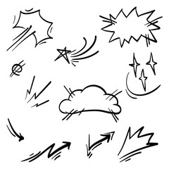 Doodle set cartoon expressions effects. Hand drawn emoticon effects design elements. vector illustration