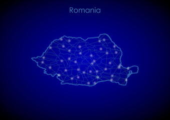 Romania concept map with glowing cities and network covering the country, map of Romania suitable for technology or innovation or internet concepts.
