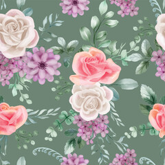 green background Rose white and pink Watercolor floral seamless pattern. Luxurious floral backgrounds, textile or wallpaper design, prints and invitations, and postcards.