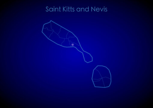 Saint Kitts and Nevis concept map with glowing cities and network covering the country, map of Saint Kitts and Nevis suitable for technology or innovation or internet concepts.