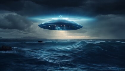 Obraz na płótnie Canvas image of an illuminated UFO spaceship hovering over a stormy ocean. Generative ai