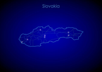 Obraz premium Slovakia concept map with glowing cities and network covering the country, map of Slovakia suitable for technology or innovation or internet concepts.
