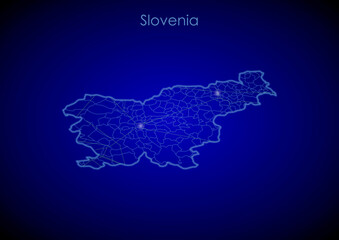Slovenia concept map with glowing cities and network covering the country, map of Slovenia suitable for technology or innovation or internet concepts.
