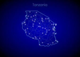 Tanzania concept map with glowing cities and network covering the country, map of Tanzania suitable for technology or innovation or internet concepts.