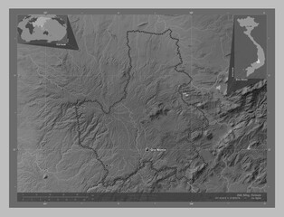 ak Nong, Vietnam. Grayscale. Labelled points of cities