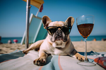 Summer animal creative concept, bulldog dog with sunglasses enjoying on deck chair with glass of wine on beach, seashore. Hot sunny day. Illustration, Generative AI.