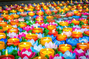 Fototapeta na wymiar Candles lit in temple to honor Buddha's b'day, praying for peace. Photo generative AI