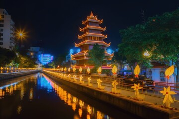 Gorgeous blue hour at Phap Hoa Pagoda: Travel concept. Photo generative AI